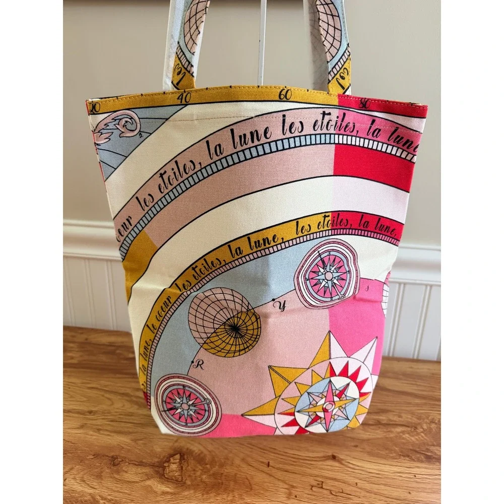 Tory Burch Celestial Canvas Tote Bag Moon Stars Pink Multicolor Large